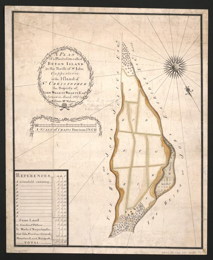 Saint Kitts–Nevis — imagine ilustrativă: A plan of a plantation called Bevon Island in the Parish of St. John Cappesterre in the Island of St. Christopher, the property of John Willett Willett, esqr. LOC 99463774.tif